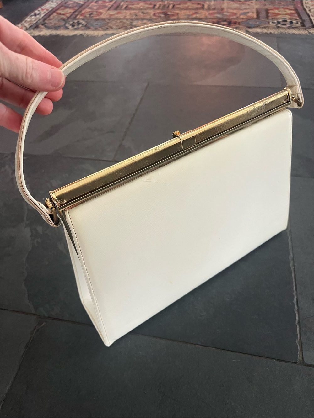 Rich Craft Bag Vintage MCM Classic Ivory Top-Handle Satchel with Gold Frame